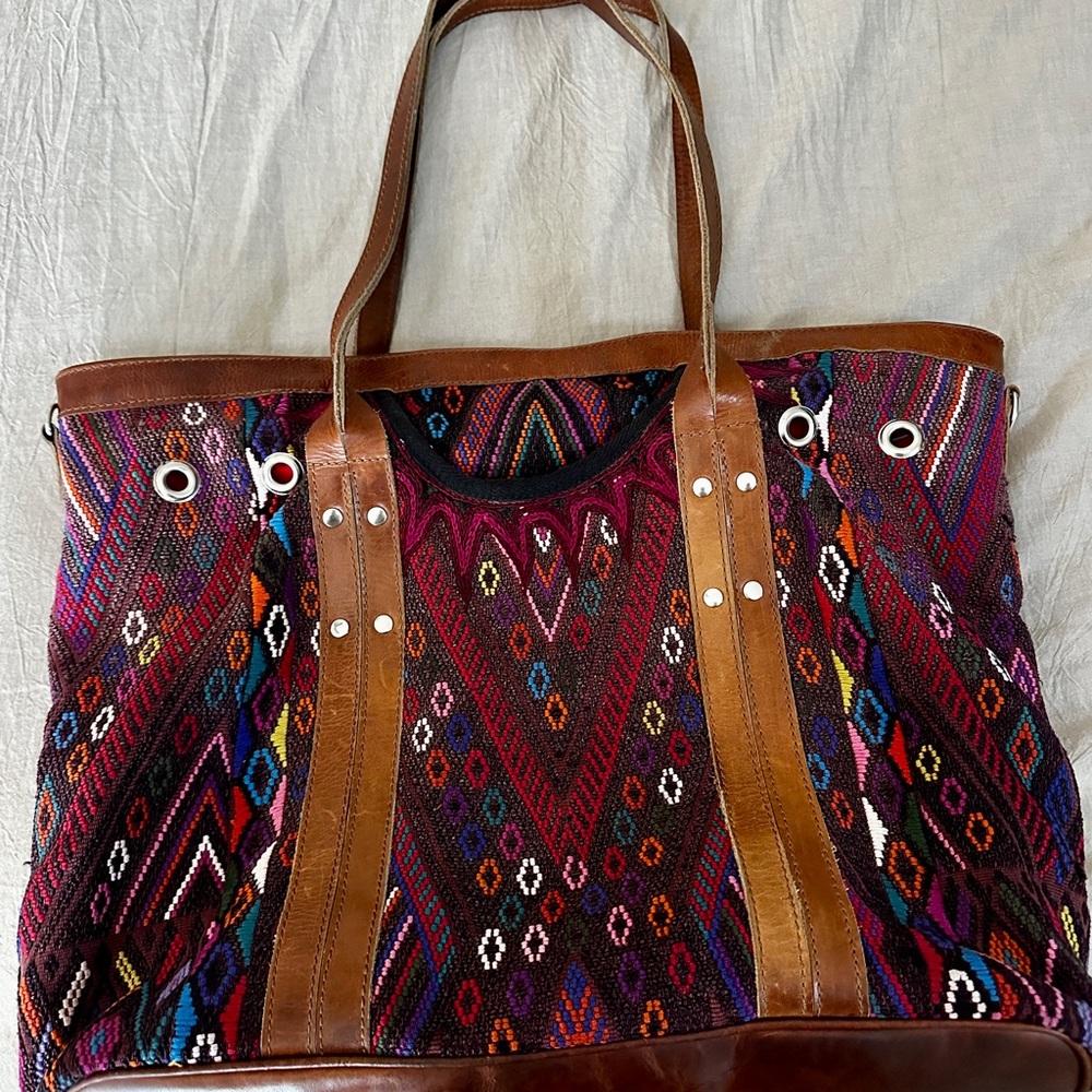 Nena & Co. Red Canvas Bag with Brown Leather Trim